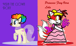 Size: 1000x608 | Tagged: safe, vera, earth pony, fox, pony, anthro, g4, 1000 hours in ms paint, abstract background, afro, anthro with ponies, best friends, clothes, clown hair, clown nose, clown pony, crossdressing, crossover, dress, five nights at freddy's, foxy, foxy vera, gloves, male, ponytail, princess foxy vera lola, prototype lola loud's outfit, red nose, sash, sonic the hedgehog, sonic the hedgehog (series), sonicified, spa pony, text, vera the clown pony, waving