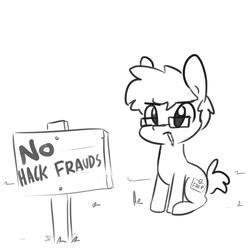 Size: 1152x1152 | Tagged: safe, artist:tjpones, oc, oc only, oc:tjpones, earth pony, pony, fuck the police, glasses, grayscale, male, monochrome, mouth hold, pencil, self deprecation, sign, simple background, sitting, solo, stallion, white background