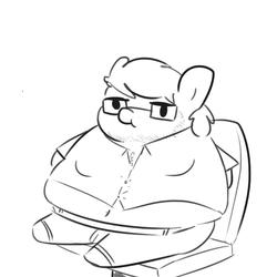 Size: 1152x1152 | Tagged: safe, artist:tjpones, oc, oc only, oc:tjpones, earth pony, pony, chair, chest fluff, clothes, fat, glasses, grayscale, male, monochrome, moobs, obese, simple background, sitting, solo, stallion, white background