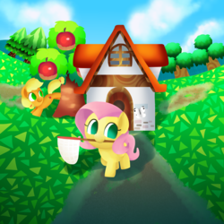 Size: 2000x2000 | Tagged: safe, artist:andromedasparkz, applejack, fluttershy, butterfly, earth pony, pegasus, pony, g4, animal crossing, apple tree, cloud, crossover, female, high res, house, mailbox, mare, net, newbie artist training grounds, sky, tree