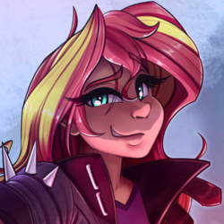 Size: 512x512 | Tagged: source needed, safe, artist:sugarlesspaints, sunset shimmer, human, equestria girls, g4, clothes, cropped, explicit source, female, humanized, jacket, smiling, smirk, solo