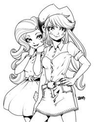 Size: 715x900 | Tagged: safe, artist:babtyu, applejack, rarity, equestria girls, g4, black and white, cute, duo, female, grayscale, hand on hip, jackabetes, lineart, monochrome, raribetes, simple background, white background