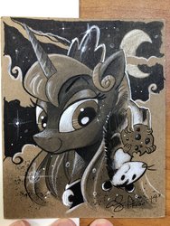 Size: 1536x2048 | Tagged: safe, artist:andypriceart, princess luna, tiberius, alicorn, opossum, pony, g4, cookie, female, food, looking at someone, looking at something, mare, toned paper, traditional art
