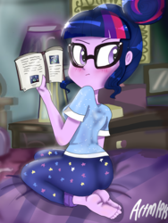 Size: 1800x2400 | Tagged: safe, artist:artmlpk, sci-twi, twilight sparkle, equestria girls, g4, angry, back, bed, bedroom, blushing, book, bun, clothes, cute, feet, female, hair bun, looking back, nerd, pajamas, reading, sci-twi's room, sci-twibutt, solo, twiabetes, twibutt
