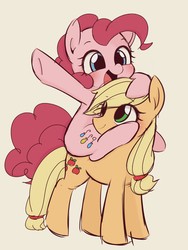 Size: 972x1293 | Tagged: safe, artist:manachaaaaaaaa, applejack, pinkie pie, earth pony, pony, g4, cute, diapinkes, duo, female, jackabetes, mare, open mouth, pinkie pie riding applejack, ponies riding ponies, riding, simple background, smiling