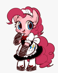 Size: 933x1179 | Tagged: safe, artist:manachaaaaaaaa, pinkie pie, earth pony, pony, bipedal, clothes, cute, diapinkes, female, looking at you, maid, mare, open mouth, pixiv, simple background, smiling, solo, white background