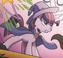 Size: 558x515 | Tagged: safe, idw, official comic, twilight sparkle, pony, unicorn, g4, spoiler:comic, spoiler:comicnightmareknights03, alternate universe, cape, clothes, cropped, female, hat, mare, solo, the great and powerful twily, unicorn twilight, wizard hat