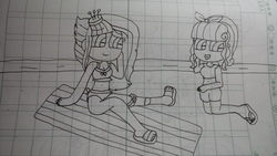 Size: 5312x2992 | Tagged: safe, artist:徐詩珮, kerfuffle, torque wrench, equestria girls, g4, my little pony: rainbow roadtrip, clothes, equestria girls-ified, feet, lineart, swimsuit, traditional art