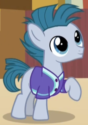 Size: 445x630 | Tagged: safe, screencap, little league, pony, common ground, g4, background pony, buckball uniform, clothes, colt, cropped, jersey, male, raised hoof, solo