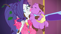 Size: 1890x1080 | Tagged: safe, screencap, princess thunder guts, rarity, supernova zap, dog, equestria girls, equestria girls series, g4, lost and pound, spoiler:choose your own ending (season 2), spoiler:eqg series (season 2), face licking, feather boa, female, leaves, licking, lost and pound: rarity, messy hair, mud, muddy, offscreen character, su-z, tongue out