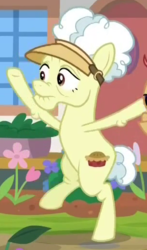 Size: 305x520 | Tagged: safe, screencap, lemon pie (g4), earth pony, pony, g4, the point of no return, background pony, balancing, cropped, elderly, female, mare, solo, standing on one leg, visor
