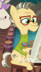 Size: 450x785 | Tagged: safe, screencap, spike, dragon, earth pony, pony, g4, the point of no return, background pony, clothes, cropped, discovery family logo, elderly, glasses, male, sitting, solo focus, stallion, sweater, unnamed character, unnamed pony, winged spike, wings