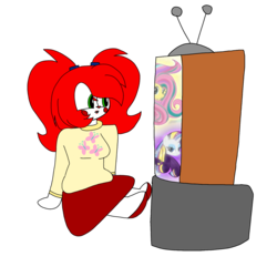 Size: 1378x1378 | Tagged: safe, artist:circuspaparazzi5678, fluttershy, rarity, human, g4, twilight's kingdom, circus baby, clothes, female, five nights at freddy's, five nights at freddy's: sister location, fluttershy's cutie mark, rainbow power, simple background, solo, sweater, transparent background, watching tv
