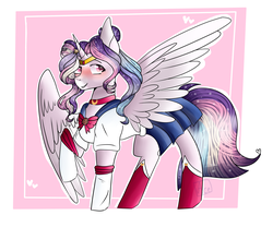 Size: 6000x5000 | Tagged: safe, artist:ace-draws6658, oc, oc:celestial moon, alicorn, pony, absurd resolution, blushing, clothes, cosplay, costume, female, magical lesbian spawn, offspring, parent:rainbow dash, parent:twilight sparkle, parents:twidash, raised hoof, sailor moon (series)