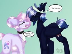 Size: 1024x768 | Tagged: safe, artist:pastaelli, oc, oc:rin, oc:vannessa, bat pony, earth pony, pony, belly, collar, cravings, female, hachimaki, jewelry, male, necklace, pregnant, speech bubble, text