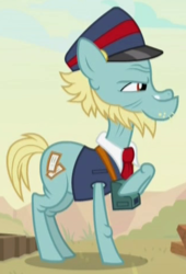 Size: 320x470 | Tagged: safe, screencap, loose tracks, earth pony, pony, g4, season 8, sounds of silence, clothes, cropped, hat, male, narrowed eyes, raised hoof, sideburns, smiling, smirk, solo, stallion, train conductor, uniform
