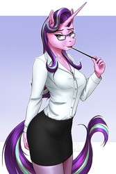 Size: 4000x6000 | Tagged: safe, alternate version, artist:mykegreywolf, starlight glimmer, unicorn, anthro, g4, absurd resolution, breasts, busty starlight glimmer, clothes, female, glasses, horn, lidded eyes, long horn, looking at you, mare, miniskirt, open mouth, pantyhose, reading glasses, sexy, shirt, signature, skirt, solo, stupid sexy starlight glimmer, teacher, tube skirt, white shirt