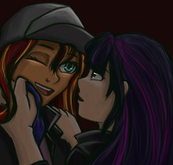 Size: 1065x1020 | Tagged: safe, artist:weezelsoup, sci-twi, sunset shimmer, twilight sparkle, human, g4, female, humanized, lesbian, ship:sci-twishimmer, ship:sunsetsparkle, shipping