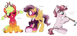 Size: 1606x755 | Tagged: safe, artist:unoriginai, oc, oc only, oc:daphnaeae, deer, deer pony, hybrid, original species, pegasus, pony, unicorn, blushing, branches for antlers, colt, cute, deer oc, female, filly, helmet, interspecies offspring, magical lesbian spawn, male, next generation, offspring, parent:apple bloom, parent:daring do, parent:mud briar, parent:scootaloo, parent:sweetie belle, parent:the great seedling, parents:mudbelle, parents:scootado, parents:seedbloom, recorder, simple background, story included, white background