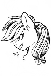 Size: 1000x1500 | Tagged: safe, artist:tillie-tmb, applejack, earth pony, pony, g4, bust, chest fluff, ear fluff, female, lineart, mare, monochrome, portrait, signature, simple background, solo, white background