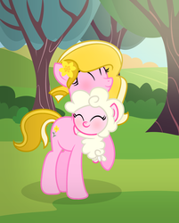 Size: 2000x2492 | Tagged: safe, artist:darbypop1, oc, oc only, oc:floofy (darbypop1), oc:wildflower, earth pony, hybrid, pony, sheep, sheep pony, cute, duo, eyes closed, female, high res, hug, interspecies offspring, mare, mother and daughter, offspring