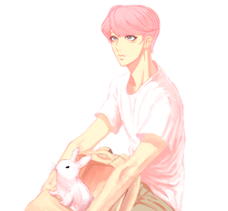 Size: 875x808 | Tagged: safe, artist:chiyoneun, angel bunny, fluttershy, human, rabbit, g4, animal, butterscotch, clothes, humanized, male, rule 63, shirt, simple background, white background