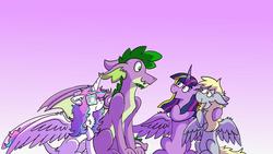 Size: 1024x576 | Tagged: safe, artist:numbuh-27, derpy hooves, princess flurry heart, spike, twilight sparkle, alicorn, dragon, pegasus, pony, g4, chest fluff, female, filly, flurryspike, glasses, gradient background, introduction, lesbian, male, mare, ship:twerpy, shipping, sitting, straight, twilight sparkle (alicorn)
