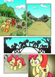 Size: 1201x1700 | Tagged: safe, artist:tarkron, apple bloom, applejack, big macintosh, winona, dog, earth pony, pony, comic:ghosts of the past, g4, apple siblings, bridge, butt, carrying, comic, countryside, female, filly, male, mare, no dialogue, plot, silhouette, stallion, sweat, sweatdrop, tired