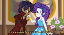 Size: 2880x1588 | Tagged: safe, artist:tassji-s, capper dapperpaws, rarity, equestria girls, g4, my little pony equestria girls: better together, my little pony: the movie, ..., clothes, dialogue, dress, duo, ear piercing, earring, equestria girls interpretation, equestria girls-ified, female, flower, jewelry, male, piercing, rarity peplum dress, scene interpretation