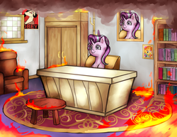 Size: 2000x1540 | Tagged: safe, artist:brother-lionheart, princess celestia, starlight glimmer, sunburst, pony, unicorn, g4, couch, desk, employee of the month, female, fire, guidance counselor, hope poster, implied starburst, implied straight, kiss mark, lipstick, mare, obey, propaganda poster, shepard fairey, sitting, smiling, solo, starlight's office, this is fine