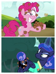 Size: 3106x4096 | Tagged: safe, edit, edited screencap, screencap, pinkie pie, princess luna, alicorn, earth pony, pony, between dark and dawn, g4, rock solid friendship, butt, duo, duo female, female, grin, luna is not amused, mare, moonbutt, ouch, plot, smiling, stingbush seed pods, unamused