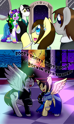 Size: 1280x2136 | Tagged: safe, artist:lovely pages, artist:lovelymod, oc, oc:caix, oc:fuselight, oc:lovely pages, oc:midnight (ask midnight and darkie), earth pony, pegasus, pony, unicorn, booty booty booty booty rockin' everywhere, clothes, dress, female, male, mare, prom, stallion, suit