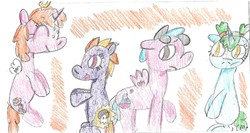 Size: 1550x824 | Tagged: safe, artist:ptitemouette, oc, oc only, oc:eclipse, oc:love potion, oc:moon dragon, oc:orange blossom, earth pony, ghost, pegasus, pony, unicorn, brother and sister, cutiespark, female, grandmother and grandchild, male, parent:oc:ballon frost cake, parent:oc:snowdrop, parents:oc x oc, siblings, traditional art