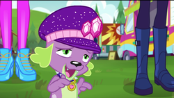 Size: 720x406 | Tagged: safe, screencap, rarity, spike, spike the regular dog, dog, equestria girls, equestria girls series, g4, lost and pound, spoiler:choose your own ending (season 2), spoiler:eqg series (season 2), boots, clothes, female, food truck, lost and pound: spike, male, offscreen character, shoes, spike's dog collar, spike's festival hat