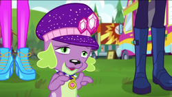 Size: 720x405 | Tagged: safe, screencap, rarity, sci-twi, spike, spike the regular dog, twilight sparkle, dog, equestria girls, g4, lost and pound, lost and pound: spike, my little pony equestria girls: choose your own ending, boots, clothes, female, hat, male, shoes, spike's dog collar, spike's festival hat