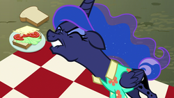 Size: 1920x1080 | Tagged: safe, screencap, princess luna, between dark and dawn, g4, angry, faic, food, invisible stallion, picnic blanket, sandwich