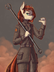 Size: 1500x2000 | Tagged: safe, artist:madhotaru, oc, oc only, anthro, chevron, clothes, cloud, male, solo, steam, uniform, wrench