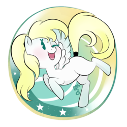 Size: 1080x1080 | Tagged: safe, artist:bbs, oc, oc:luftkrieg, pegasus, pony, aryan, aryan pony, blonde, character, colored, cute, emblem, female, filly, flying, happy, luftkriebetes, nazipone, one eye closed, ponytail, stars, wings, wink