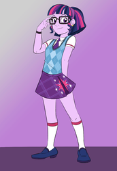 Size: 1029x1500 | Tagged: safe, artist:stratus35, sci-twi, twilight sparkle, equestria girls, g4, adorkable, alternate hairstyle, argyle, clothes, cute, cutie mark on clothes, dork, female, glasses, hime, school uniform, shoes, short hair, skirt, socks, solo, twiabetes, uniform