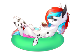 Size: 2900x2000 | Tagged: safe, artist:honeybbear, oc, oc only, pegasus, pony, chest fluff, coconut, eyes closed, female, food, high res, inner tube, mare, simple background, solo, transparent background