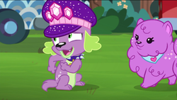 Size: 720x405 | Tagged: safe, screencap, princess thunder guts, spike, spike the regular dog, dog, equestria girls, g4, lost and pound, lost and pound: spike, my little pony equestria girls: choose your own ending, female, male, paws, spike's dog collar, spike's festival hat, tail