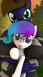 Size: 1080x1920 | Tagged: safe, artist:kowalskicore, oc, oc:aurora starling, oc:katharina lazuli, earth pony, pony, unicorn, anthro, 3d, anthro with ponies, between breasts, cute, holding a pony, source filmmaker