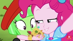 Size: 1280x720 | Tagged: safe, screencap, drama letter, pinkie pie, watermelody, equestria girls, five lines you need to stand in, g4, my little pony equestria girls: better together, cheese, food, green face, rapeface, youtube, youtube logo