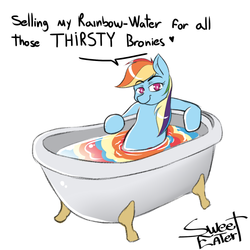 Size: 676x676 | Tagged: safe, artist:sweeteater, rainbow dash, pegasus, pony, g4, bath, bath water, bathtub, belle delphine, claw foot bathtub, dialogue, female, gamer girl bath water, looking at you, mare, meme, rainbow water, sexy, simple background, solo, stupid sexy rainbow dash, white background