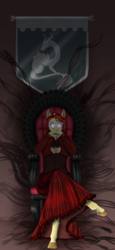 Size: 1867x4058 | Tagged: safe, artist:blackblood-queen, oc, oc only, oc:carnelian clout, crystal pony, anthro, unguligrade anthro, anthro oc, chair, clothes, commission, crossed legs, female, glowing eyes, intimidating, mare, solo