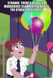 Size: 600x877 | Tagged: safe, edit, edited screencap, screencap, pinkie pie, equestria girls, equestria girls series, five lines you need to stand in, g4, spoiler:eqg series (season 2), balloon, it, memeful.com, security guard, the addams family