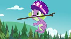 Size: 720x399 | Tagged: safe, screencap, spike, spike the regular dog, dog, equestria girls, g4, lost and pound, lost and pound: spike, my little pony equestria girls: choose your own ending, male, paw pads, paws, sky, spike's dog collar, spike's festival hat, stick, underpaw