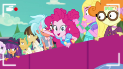 Size: 1280x720 | Tagged: safe, screencap, fleur-de-lis, frosty orange, ginger owlseye, pinkie pie, sandy cerise, scribble dee, snails, wiz kid, equestria girls, equestria girls series, five lines you need to stand in, g4, spoiler:eqg series (season 2), background human, fedora, female, geode of sugar bombs, hat, magical geodes, male