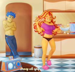 Size: 1024x984 | Tagged: safe, artist:mn27, flash sentry, sunset shimmer, equestria girls, g4, abs, adorasexy, belly button, black underwear, clothes, commission, cute, dancing, duo, eyes closed, female, male, morning, panties, partial nudity, sexy, ship:flashimmer, shipping, short shirt, slippers, smiling, sockpuppeting in the comments, straight, topless, underwear, whisk