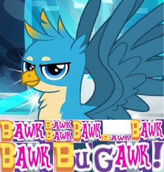 Size: 696x727 | Tagged: safe, artist:horsesplease, gameloft, gallus, g4, bawk, behaving like a rooster, caption, clucking, expand dong, exploitable meme, gallus the rooster, image macro, meme, text